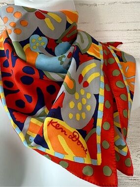 KEN DONE Vintage Floral Silk Scarf Square Art to Wear Collectible